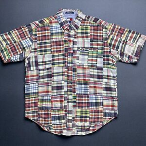 Tommy Hilfiger Vintage Patchwork Plaid Multicolor Button Front Shirt Men's XL